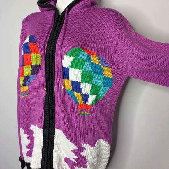 Vintage Allen Innovation Purple Knit Hot Air Balloon Zip Up Hoodie Sweater XXL - Picture 2 of 8